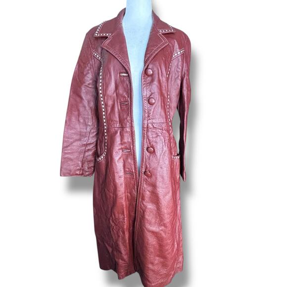 Vintage 70s Burgundy Leather Longline Trench Coat White Whipstitch Western Ranch - Picture 4 of 16